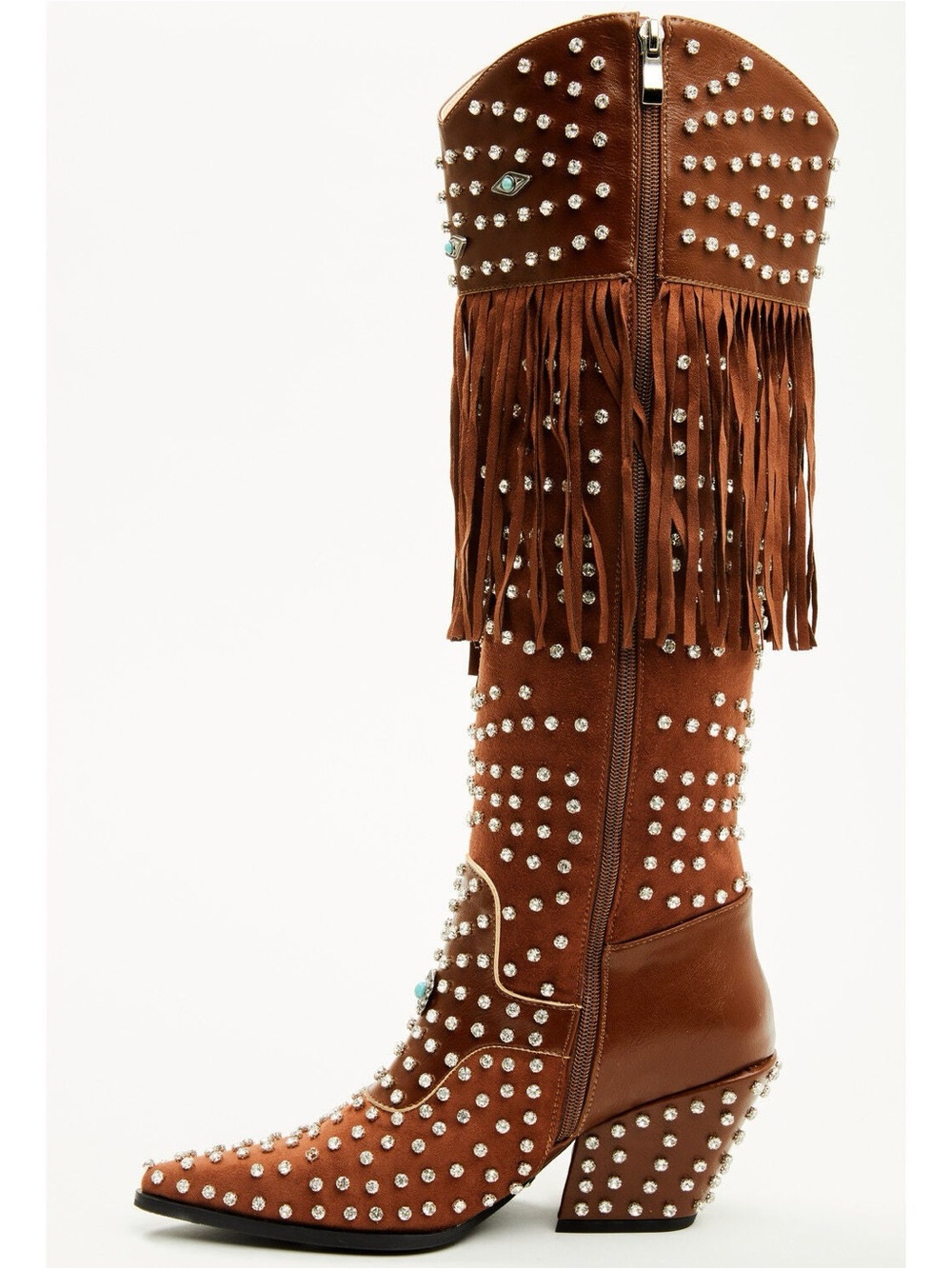 Studded Fringe Western Knee-High Boot in Cognac with Turquoise Accents - Picture 4 of 8